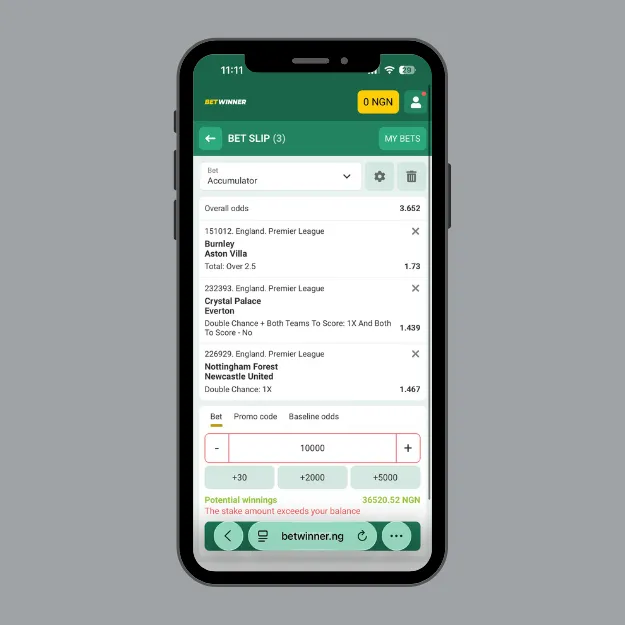 Betwinner promo code bonus use on EPL matches - bet slip
