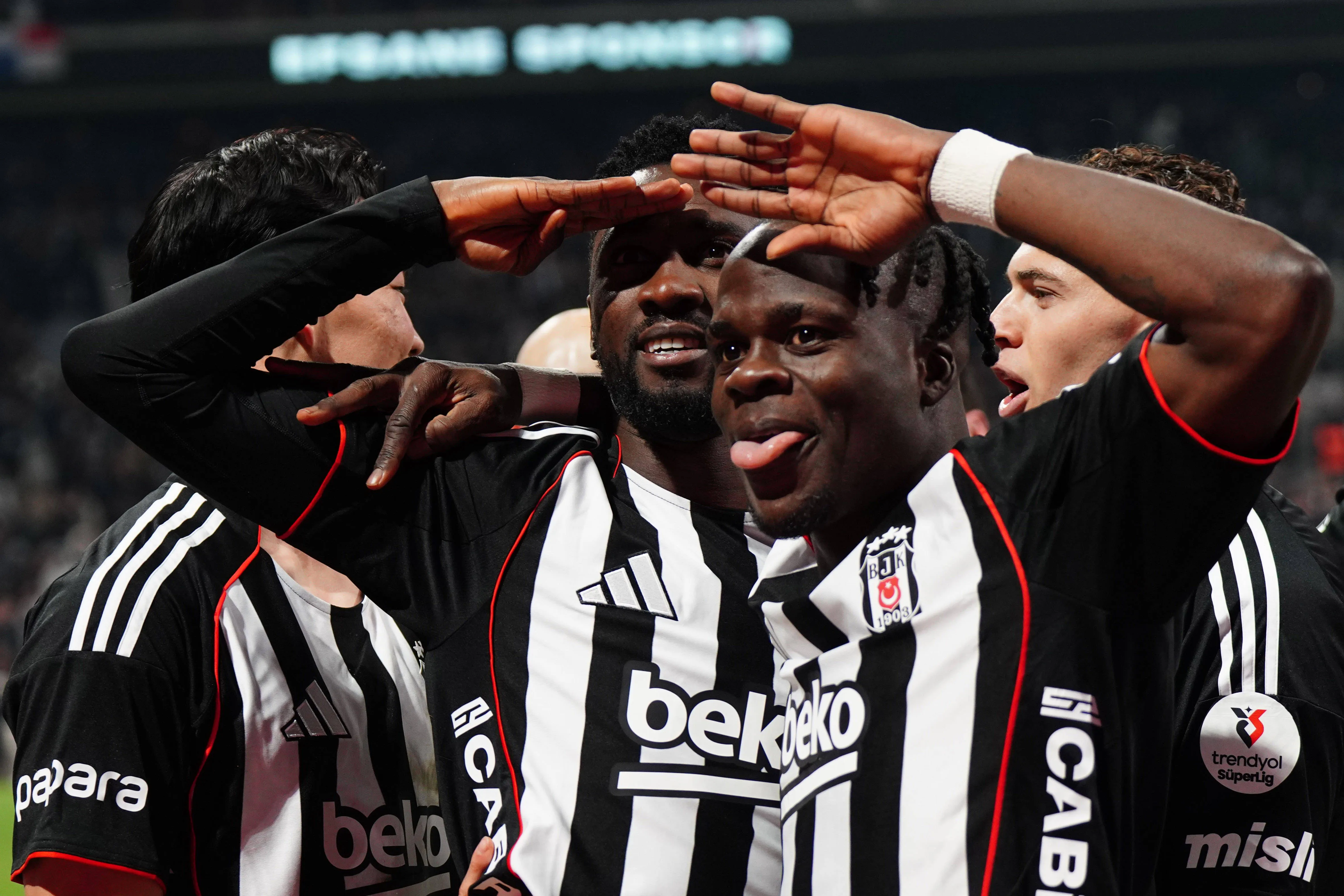 Wilfred Ndidi 4 of Besiktas celebrates after scoring the first goal of his team with Junior Olaitan R during the Trendyol Turkish S&uuml;per League match between Besiktas JK and G&ouml;ztepe SK.