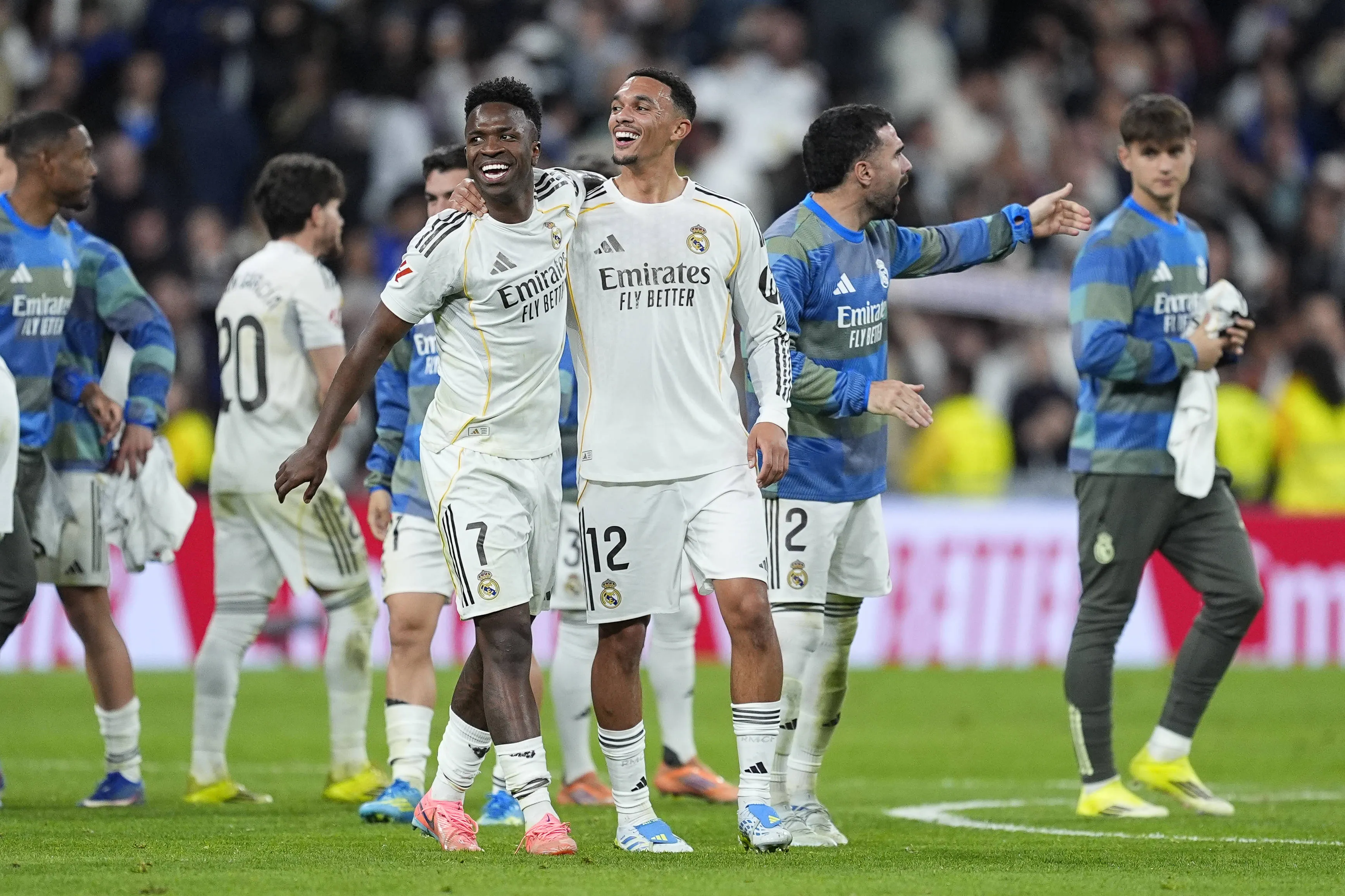 Vinicius Junior and Trent Alexander-Arnold of Real Madrid CF celebrates the victory