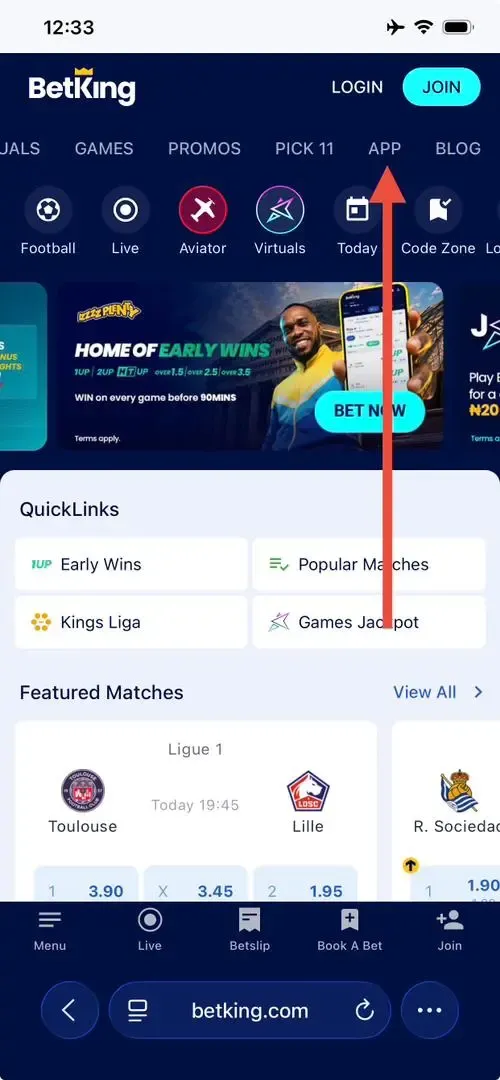 BetKing landing page showing App option
