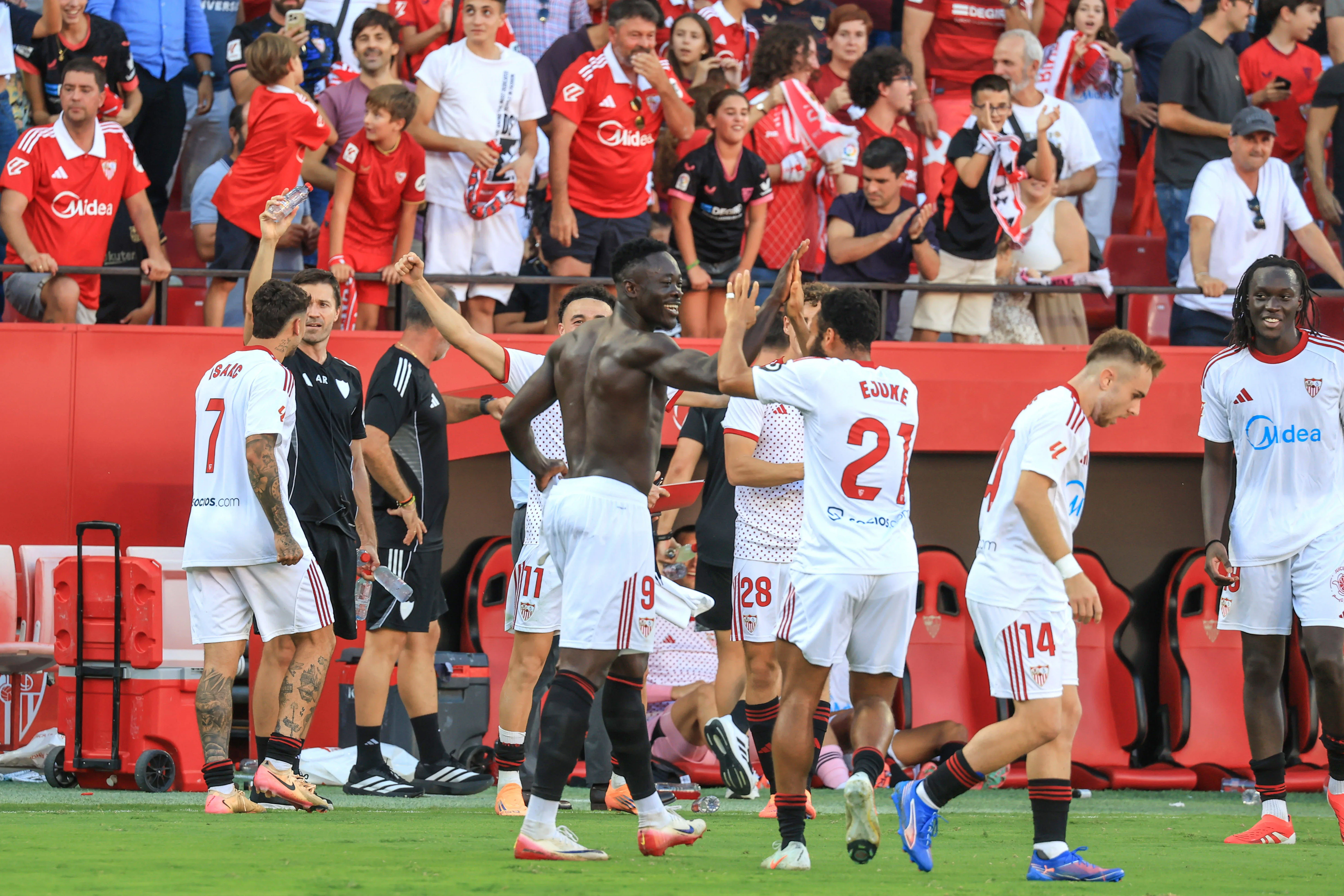  Akor Adams of Sevilla L celebrates with Chidera Ejuke of Sevilla