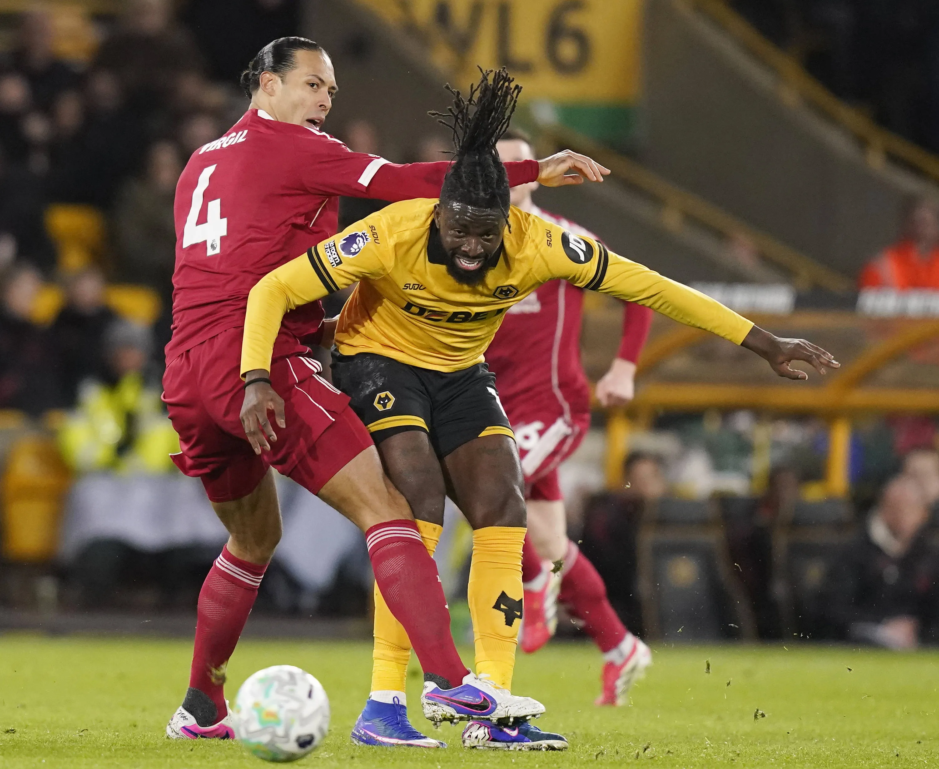 Tolu Arokodare turns Virgil van Dijk to set up the first goal during the Wolverhampton Wanderers vs Liverpool Premier League match at Molineux