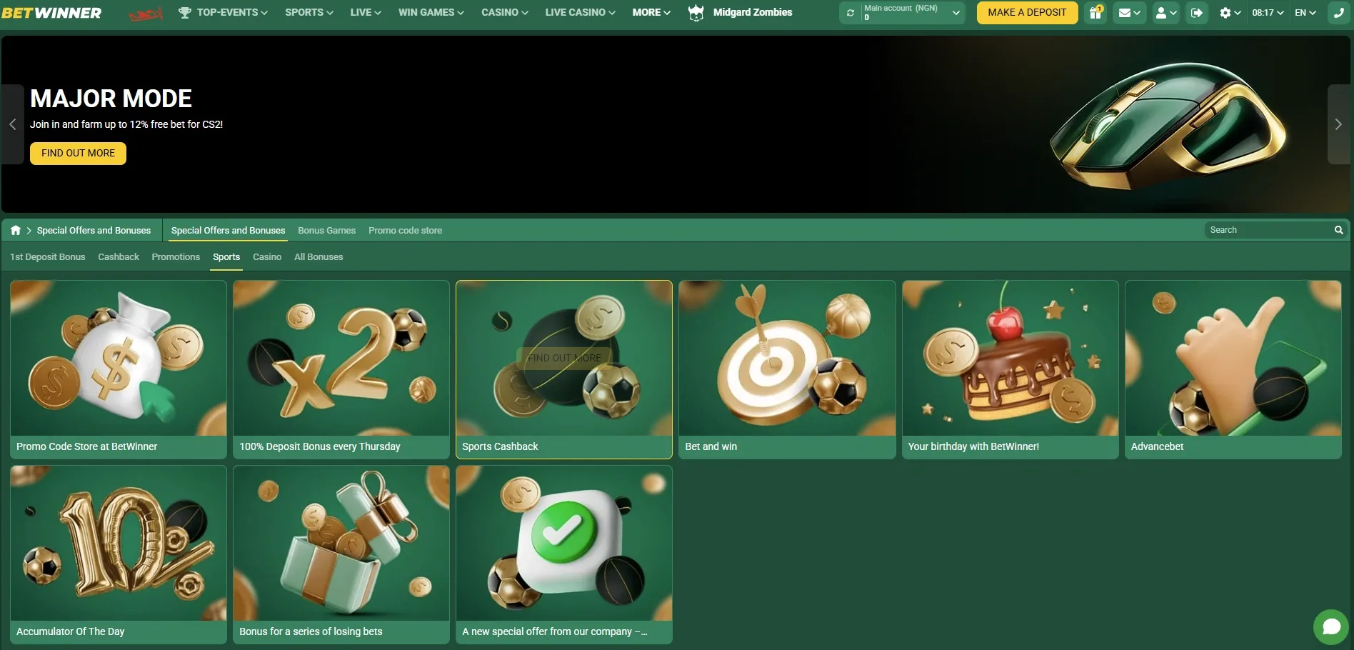 Betwinner bonuses page with sports promotions for existing users.