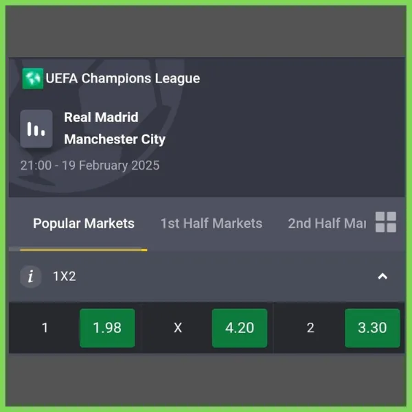 betting odds display for a UEFA Champions League match between Real Madrid and Manchester City on February 19, 2025, at 21:00. The betting market shown is the 1X2 market, which offers the following odds:
a. Real Madrid to win (1): 1.98
b. Draw (X): 4.20
c. Manchester City to win (2): 3.30