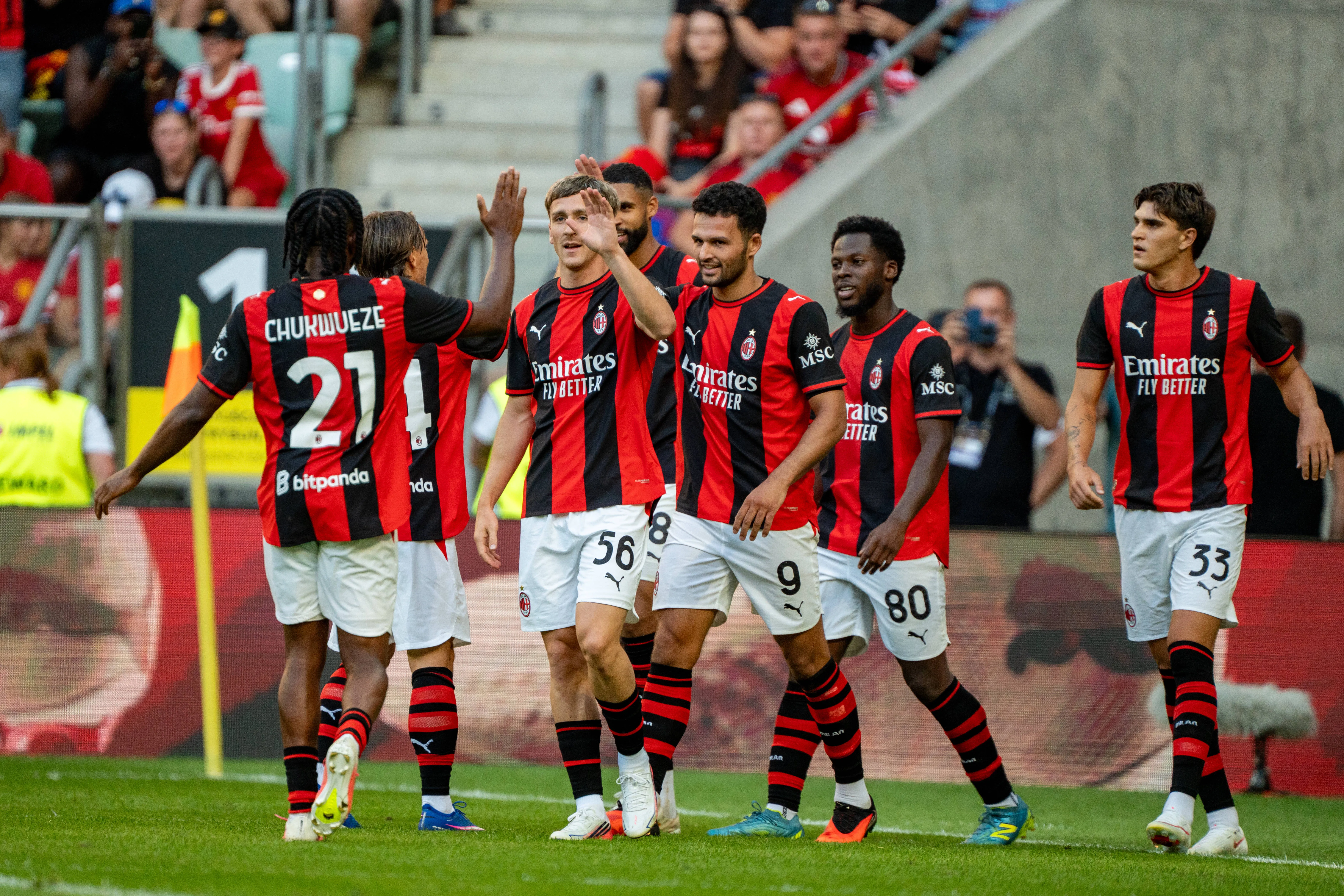 Ruben Loftus-Cheek celebrating with AC Milan teammates
