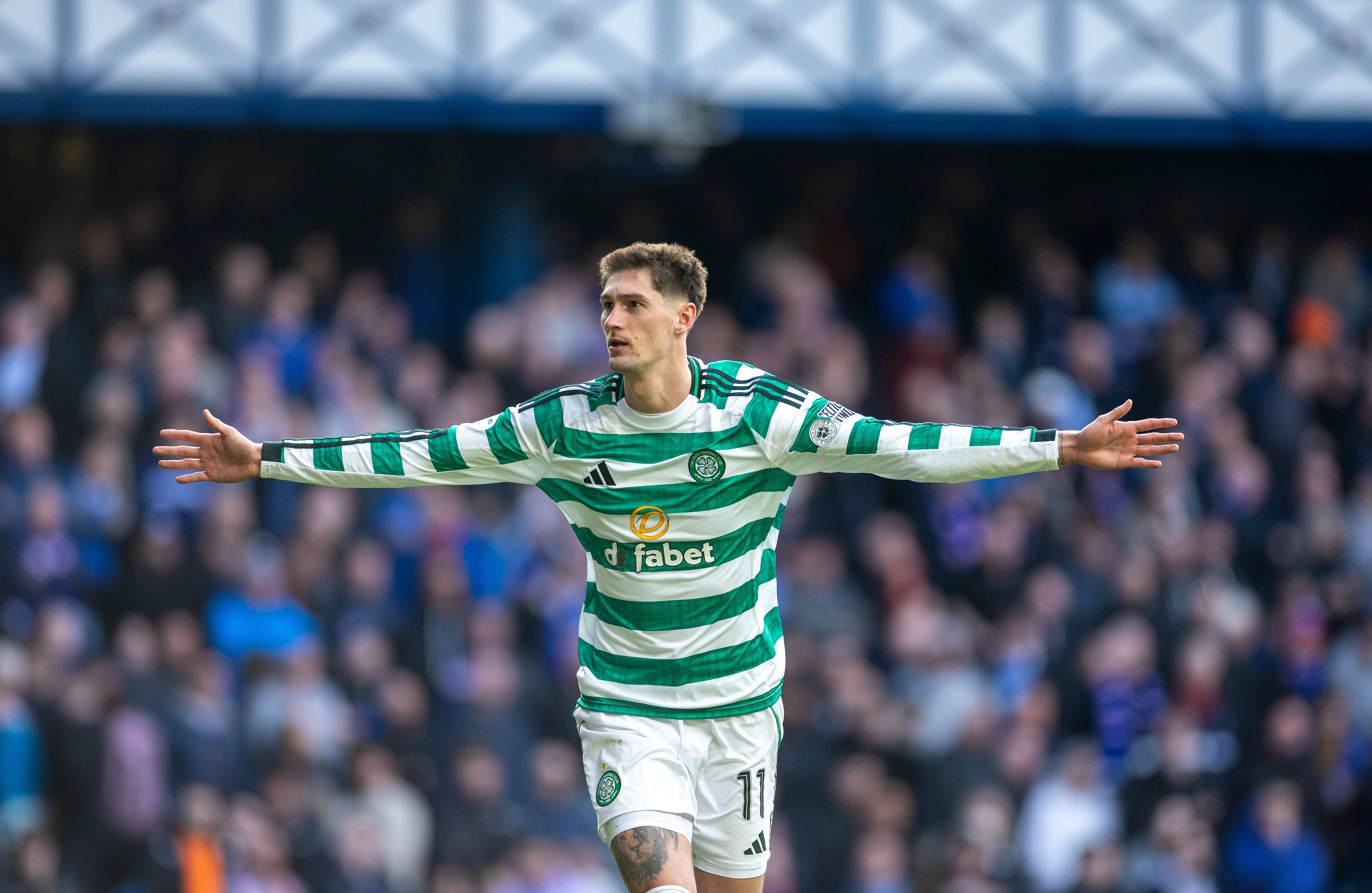 Tomas Cvancara of Celtic celebrates after he scores the penalty during the penalty shoot to win the match for Celtic 