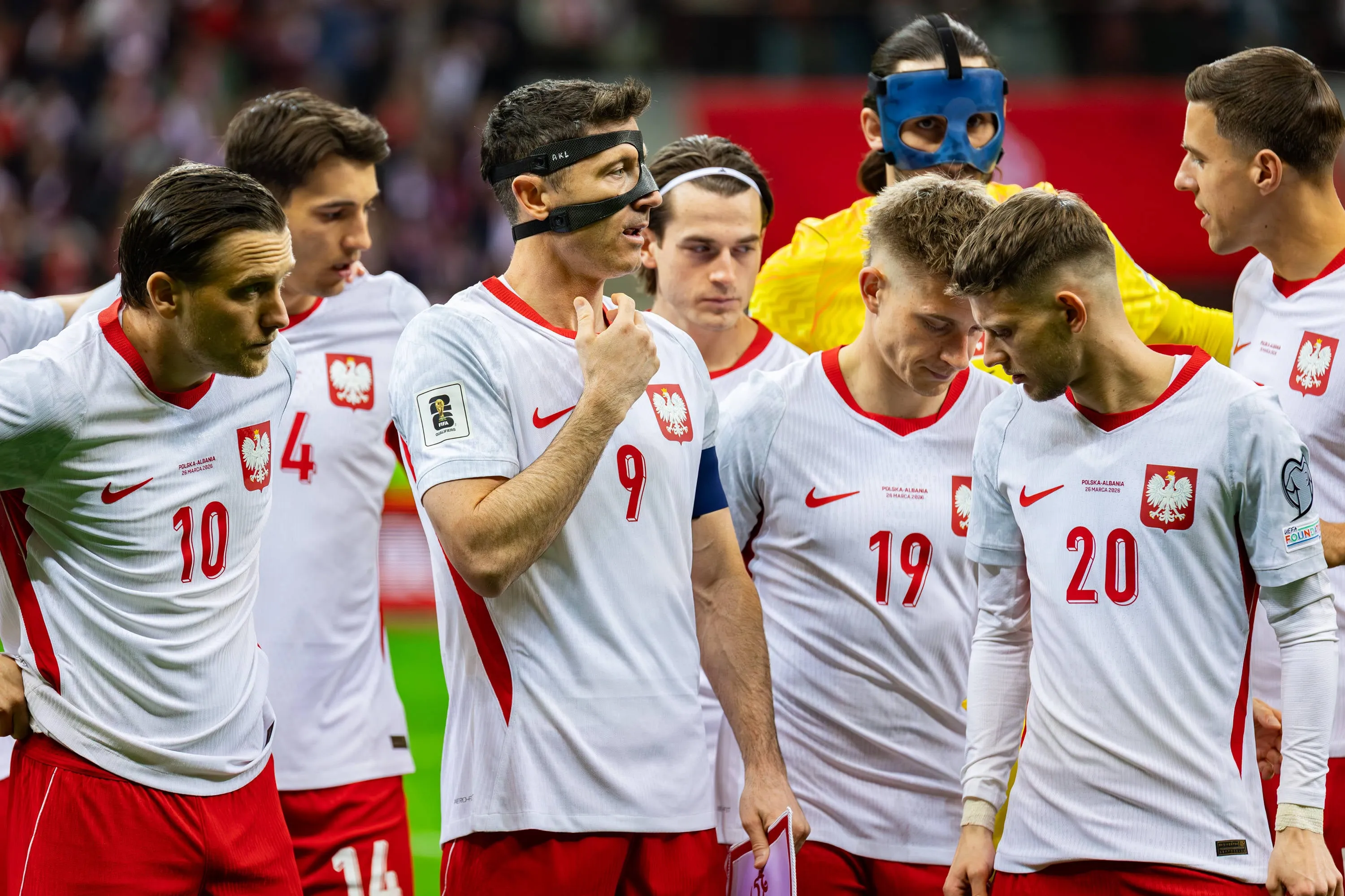 Poland Vs Albania during the 2026 FIFA World Cup, European Qualifiers KO play-offs match in Warsaw, Poland Piotr Zielinski, Robert Lewandowski, Michal Skoras, Sebastian Szymanski of Poland and teammates are seen during the FIFA World Cup 2026 European Qualifiers KO play-offs match between Poland and Albania at PGE Narodowy Stadium.