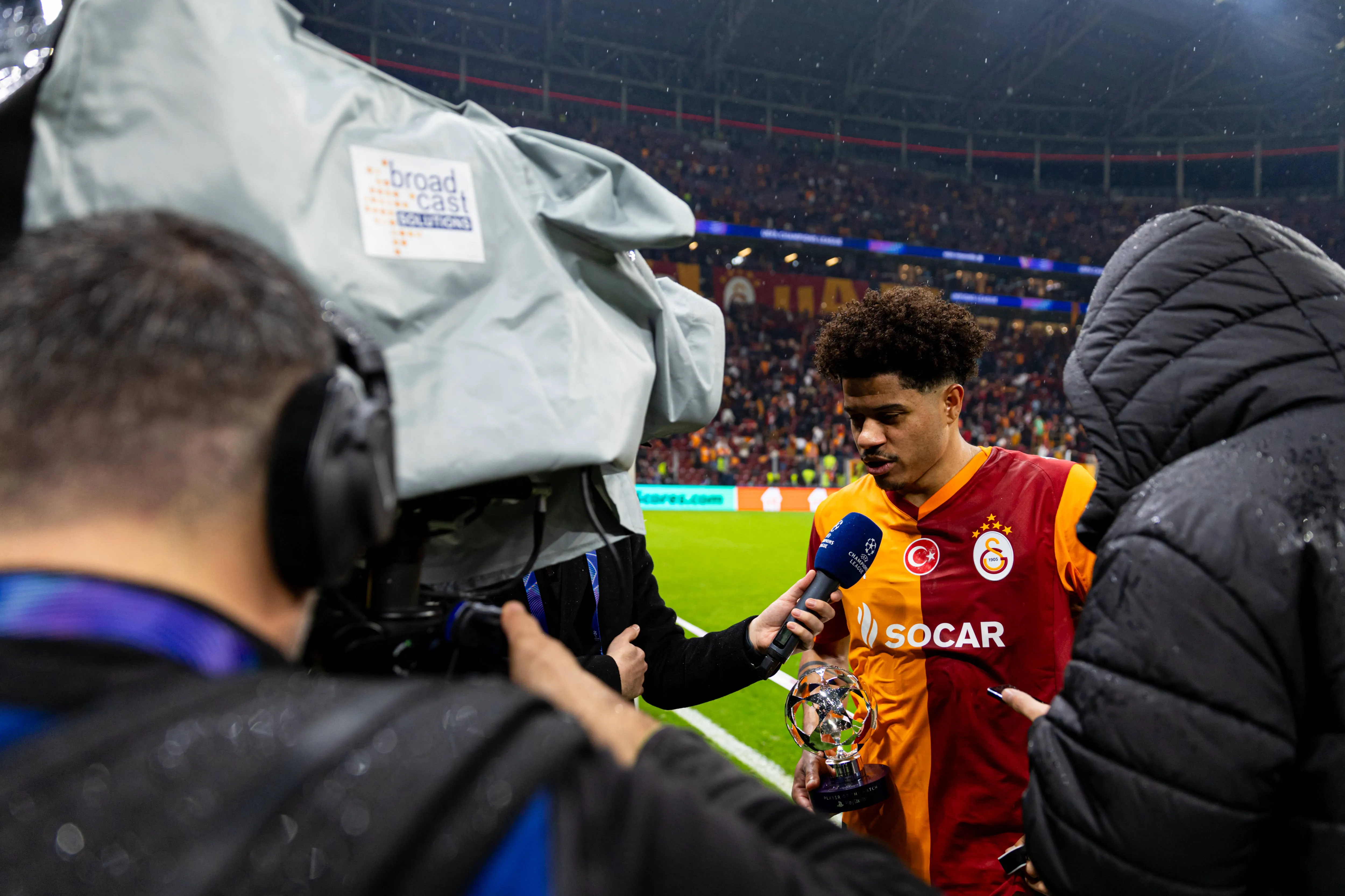 Gabriel Davi Gomes Sara of Galatasaray SK, named Man of the Match, speaks to the media after the match