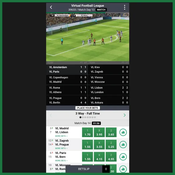 Screenshot of a virtual football league betting interface showing a simulated match in progress, team lineups, and betting odds for different outcomes and players.