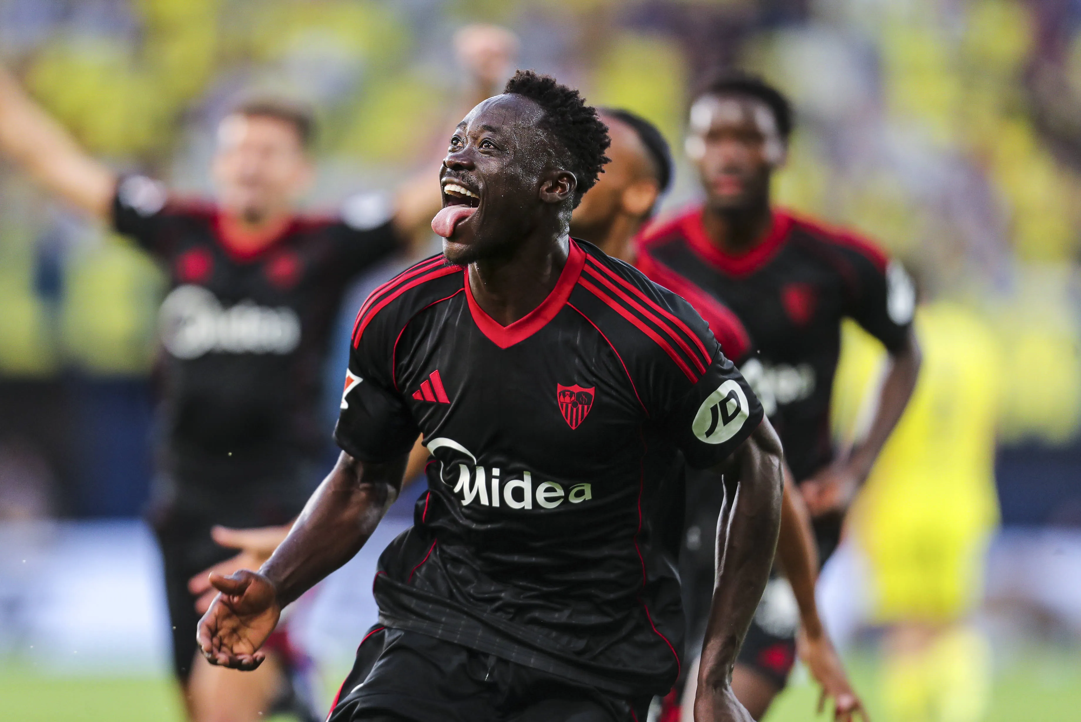 Akor Adams of Sevilla FC celebrates a goal during the Spanish league, LaLiga EA Sports, football match played between Villarreal CF and Sevilla FC at La Ceramica stadium on May 13, 2026.
