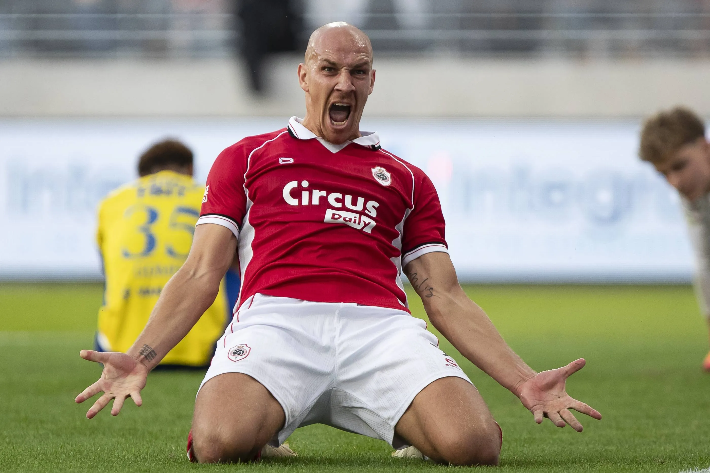 Antwerp s Michael Frey celebrates after scoring during a soccer match between Royal Antwerp FC and SK Beveren