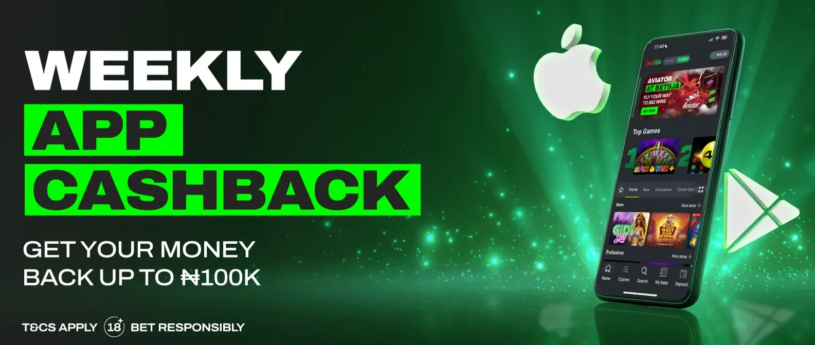 Bet9ja weekly app cashback promotion banner.