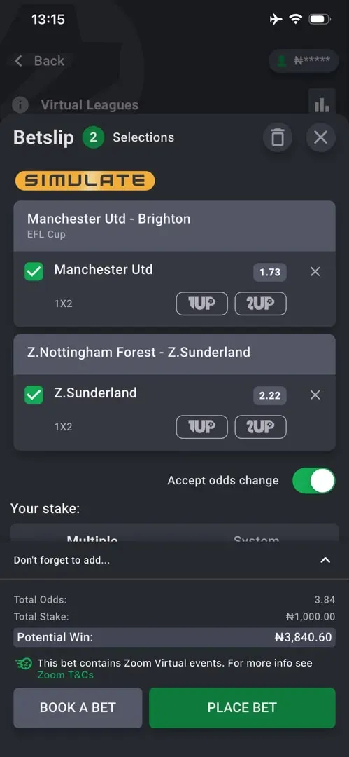 Bet9ja Bet Slip showing combination of real and simulated events.