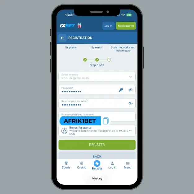 1xBet registration form with promo code AFRIK1BET entered.