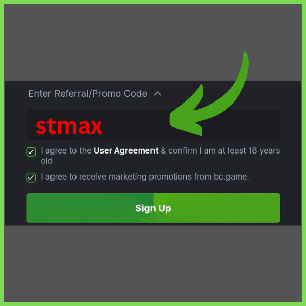 BC game promo code stmax entered in the registration form