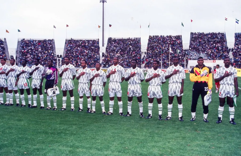 Nigerian Super Eagles team from the 1994 AFCON Final vs Zambia, featuring Emmanuel Amuneke
