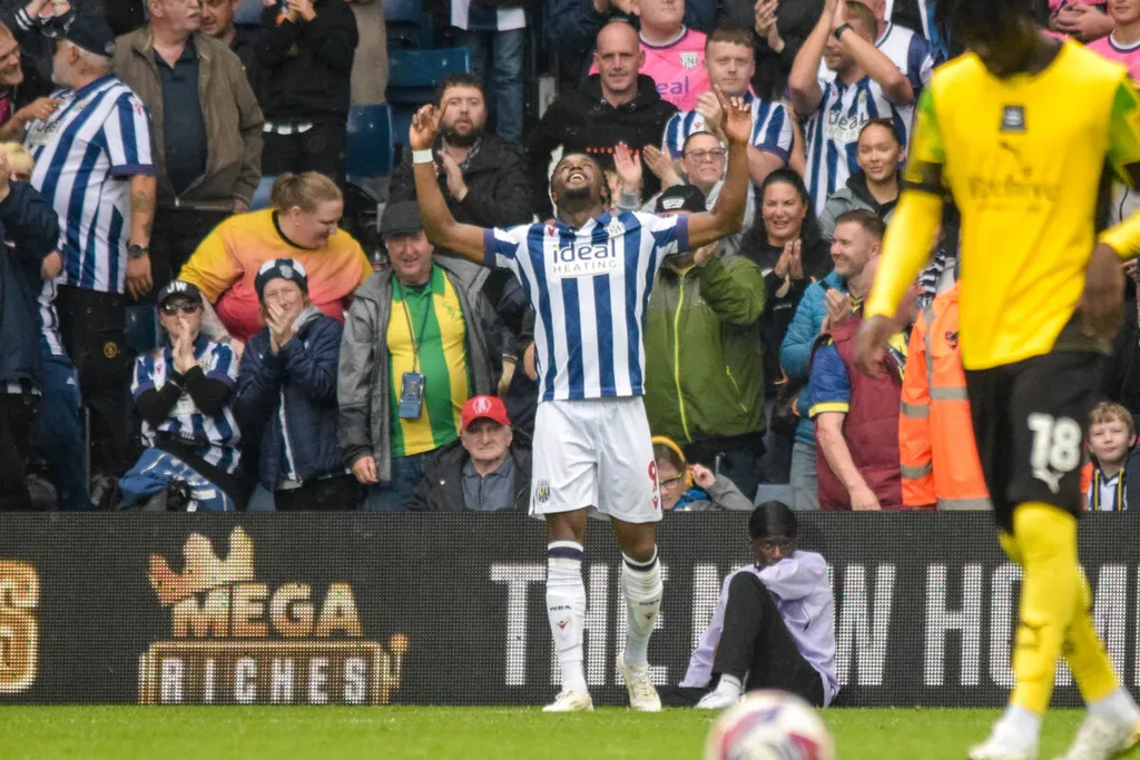 Josh Maja celebrates his goal against Plymouth Argyle.