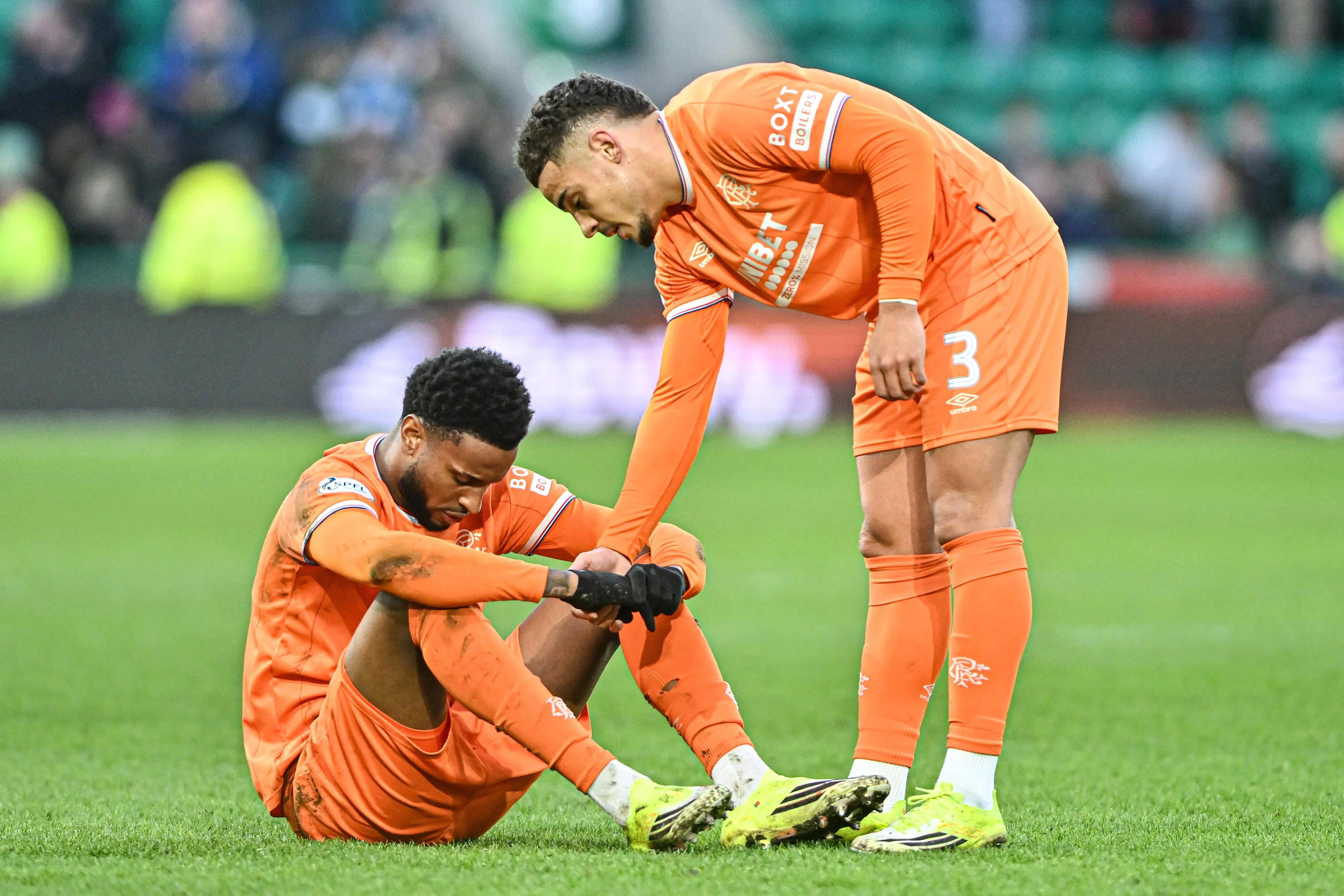Emmanuel Fernandez and Max Aarons of Rangers at full time