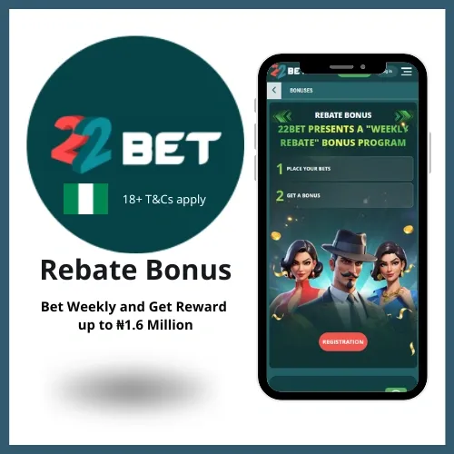 22bet Rebate Bonus where players rewards up to ₦1.6 million for being active on the platform. 