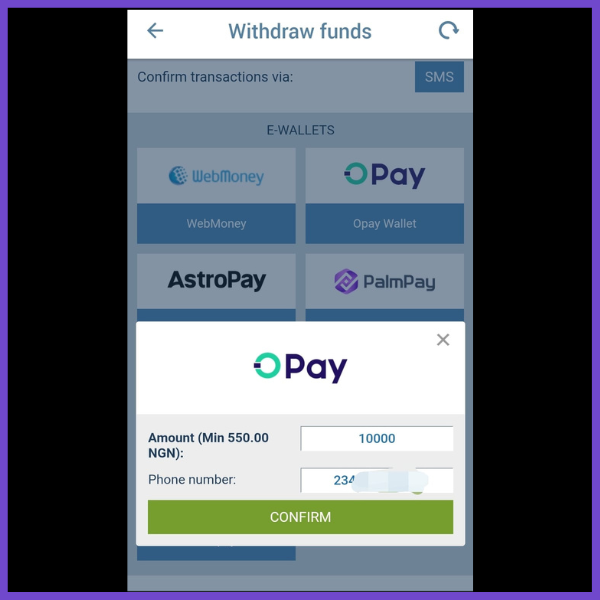 1xBet withdrawal funds page showing e-wallet options like WebMoney, Opay Wallet, AstroPay, and PalmPay, with a highlighted Opay withdrawal form. The form includes fields for the withdrawal amount, a minimum of 550 NGN, and a phone number, along with a green ‘Confirm’ button to proceed.