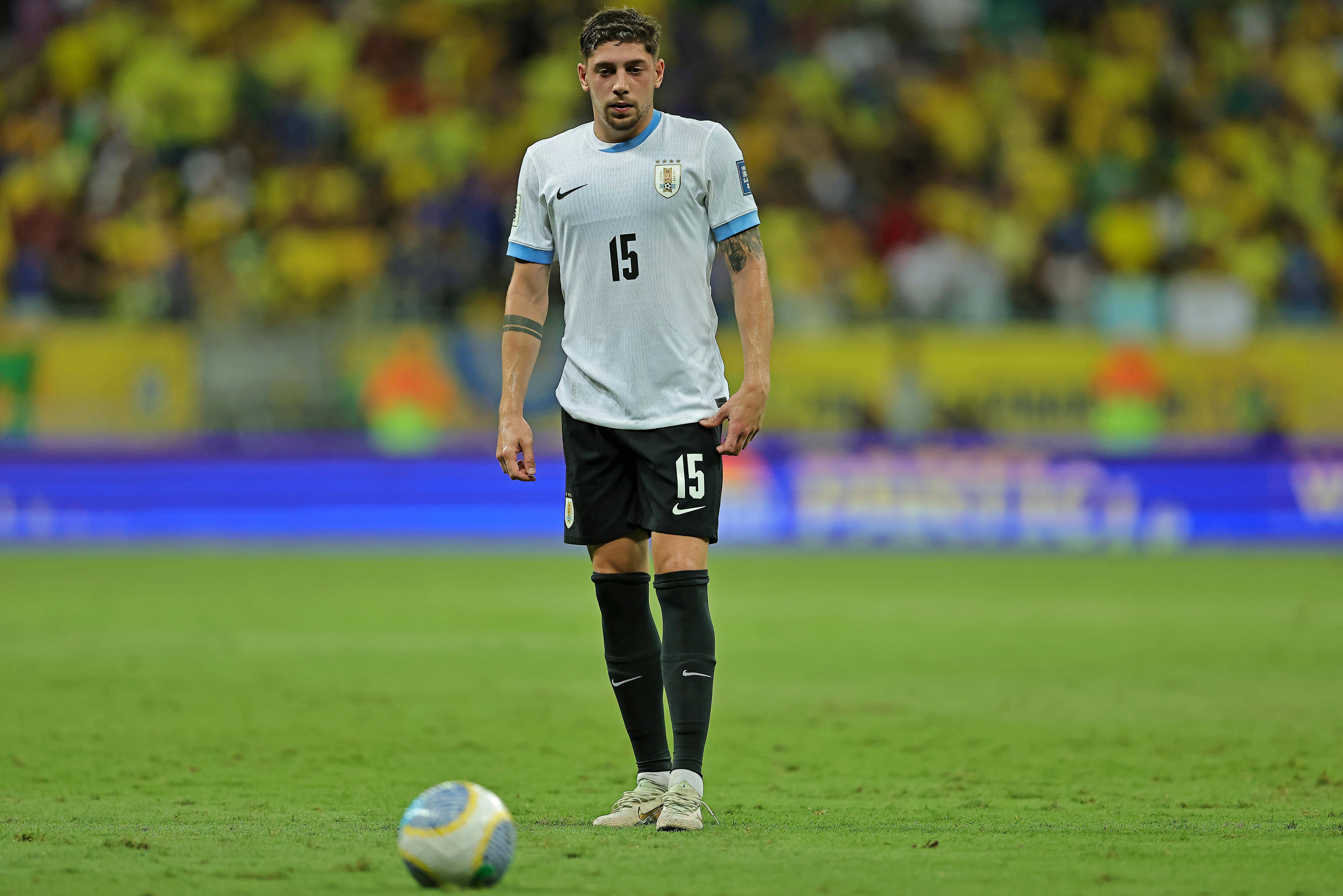  Federico Valverde of  Uruguay against Brazil battles for possession
