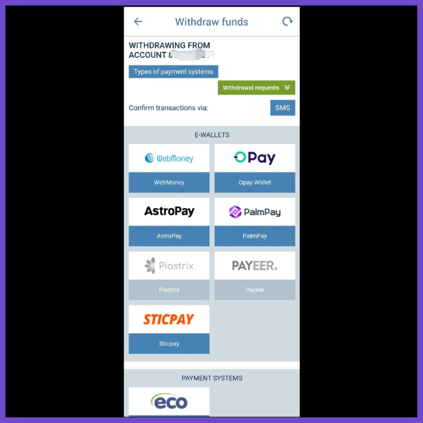 1xbet withdrawal interface displaying various best betting payment methods