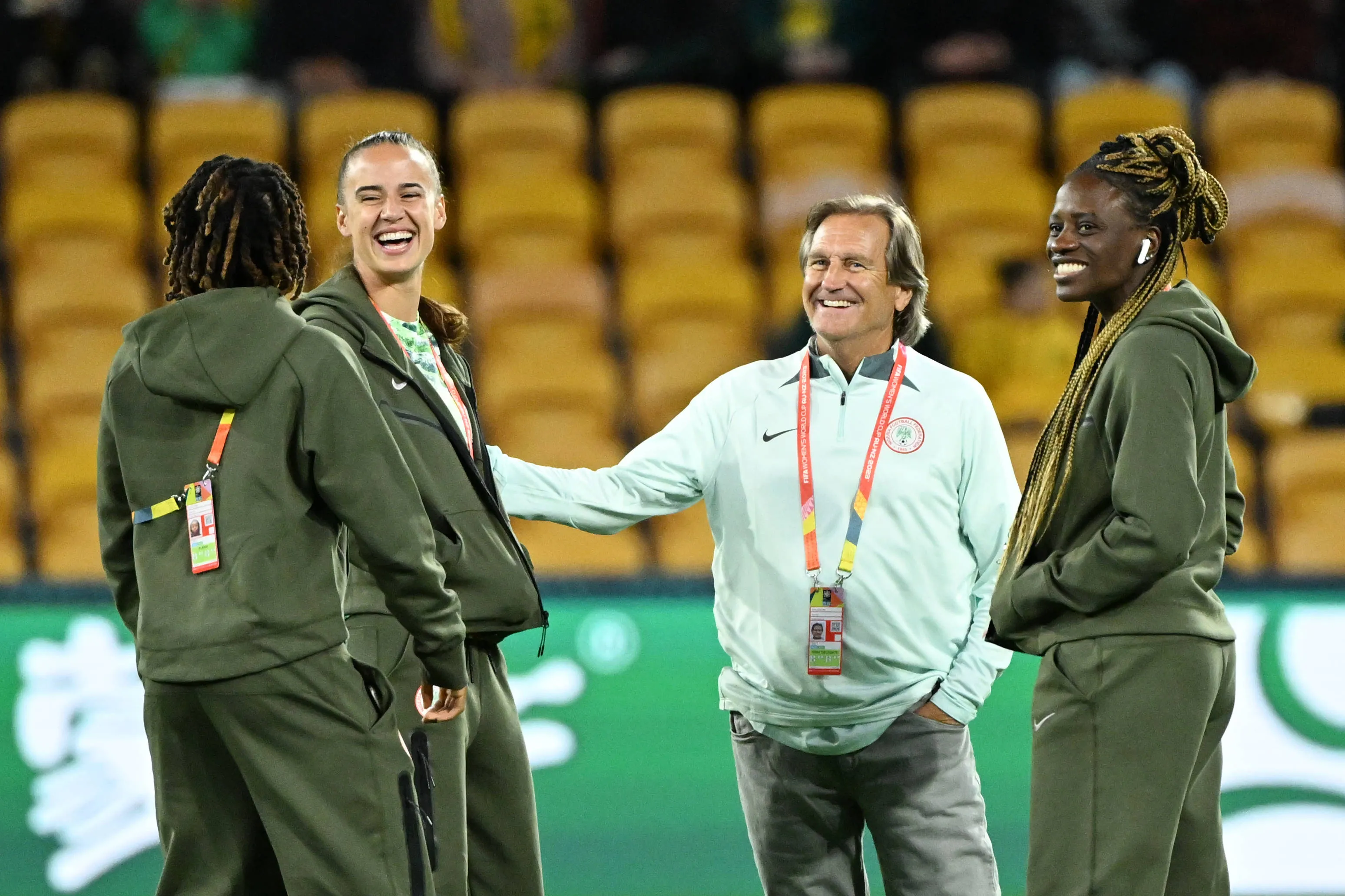 Nigeria's coach Randy Waldrum chats with his players