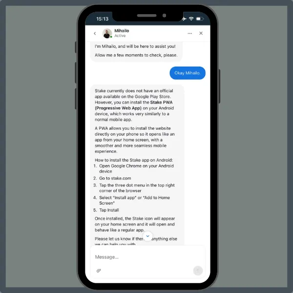 Customer support chat about the Stake app