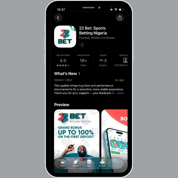 22Bet App Download Page for iOS