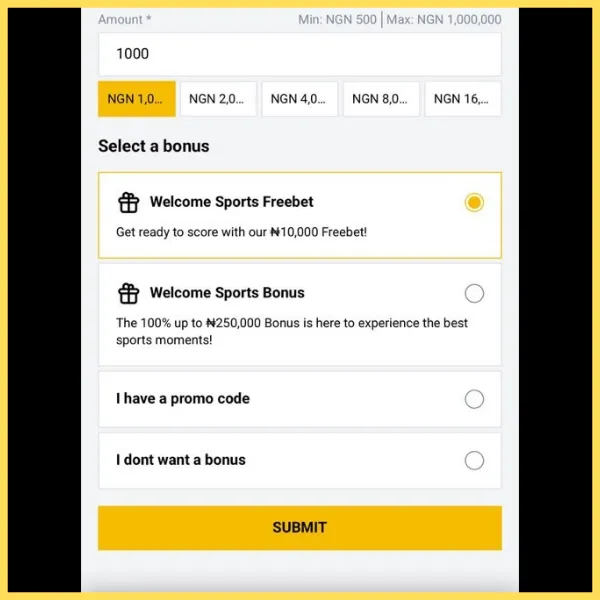 Campeonbet Deposit Page showing the option to select "Welcome Sports Freebet".