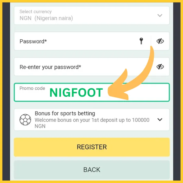 BetWinner registration form with promo code NIGFOOT entered