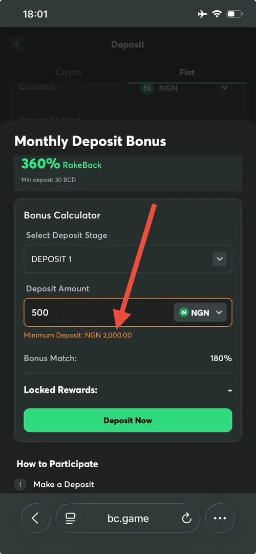 BC Game Bonus Calculator showing Minimum Deposit amount for Deposit 1
