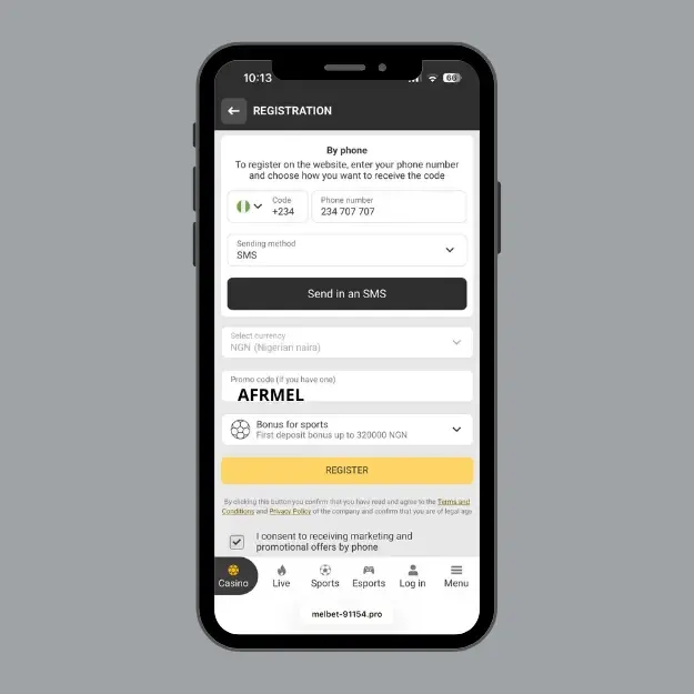 Melbet promo code added in the promo code field during registration