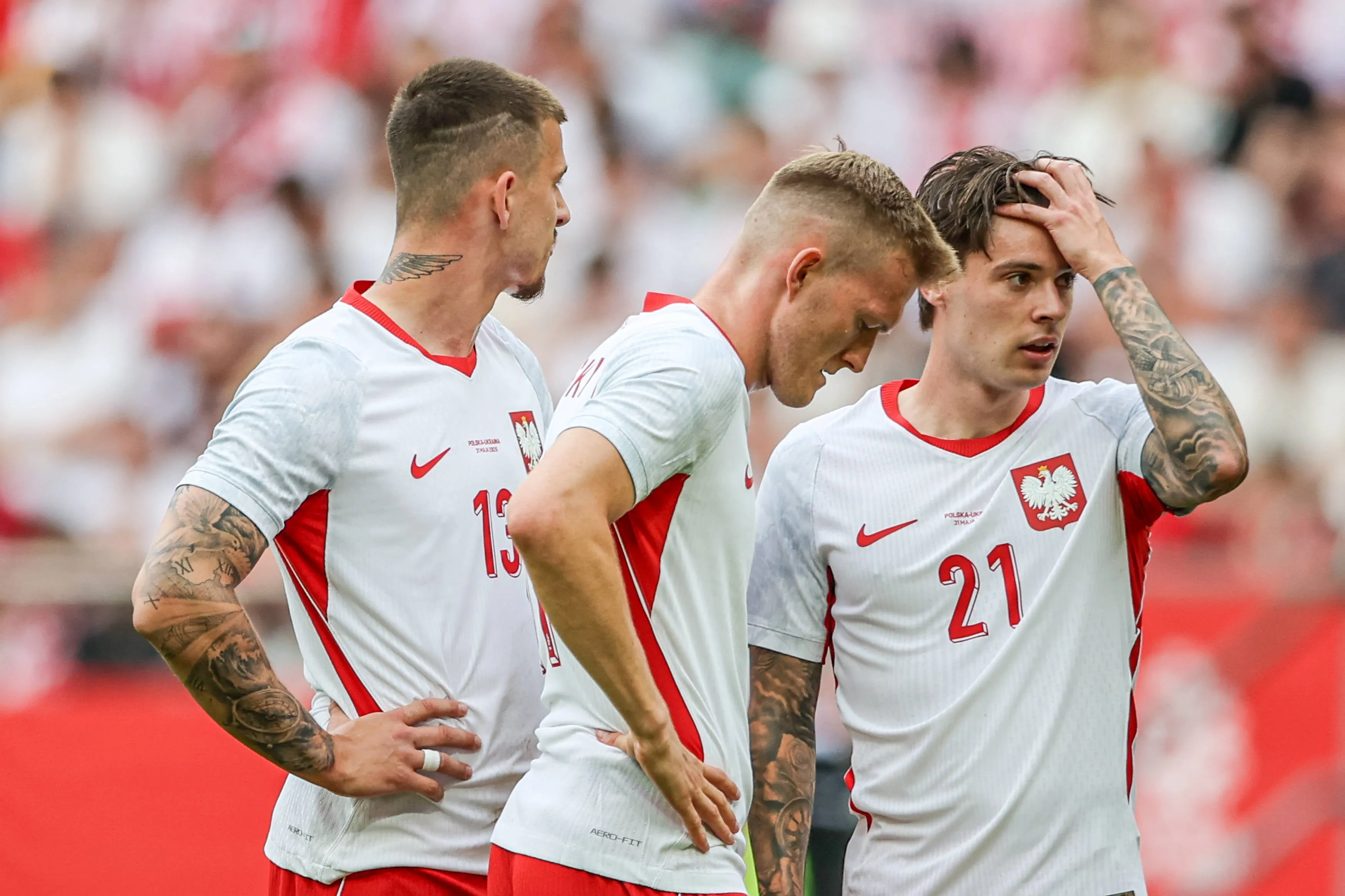 Mateusz Zukowski of Poland L, Karol Swiderski of Poland C and Nicola Zalewski of Poland R seen during Friendly Match 2026 football match between Poland and Ukraine at Tarczynski Arena Wroclaw.