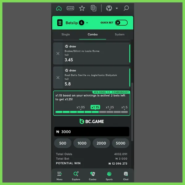 Screenshot of a betting slip from the BC.Game platform showing a combo bet. The slip includes two draw bets: Bodø/Glimt vs Lazio Rome with odds of 3.45, and Real Betis Seville vs Jagiellonia Bialystok with odds of 5.8. A combo boost of 1.15x is active, with a total bet of ₦3000 and potential winnings of ₦12,096,273. The total odds are displayed as 4032.091.