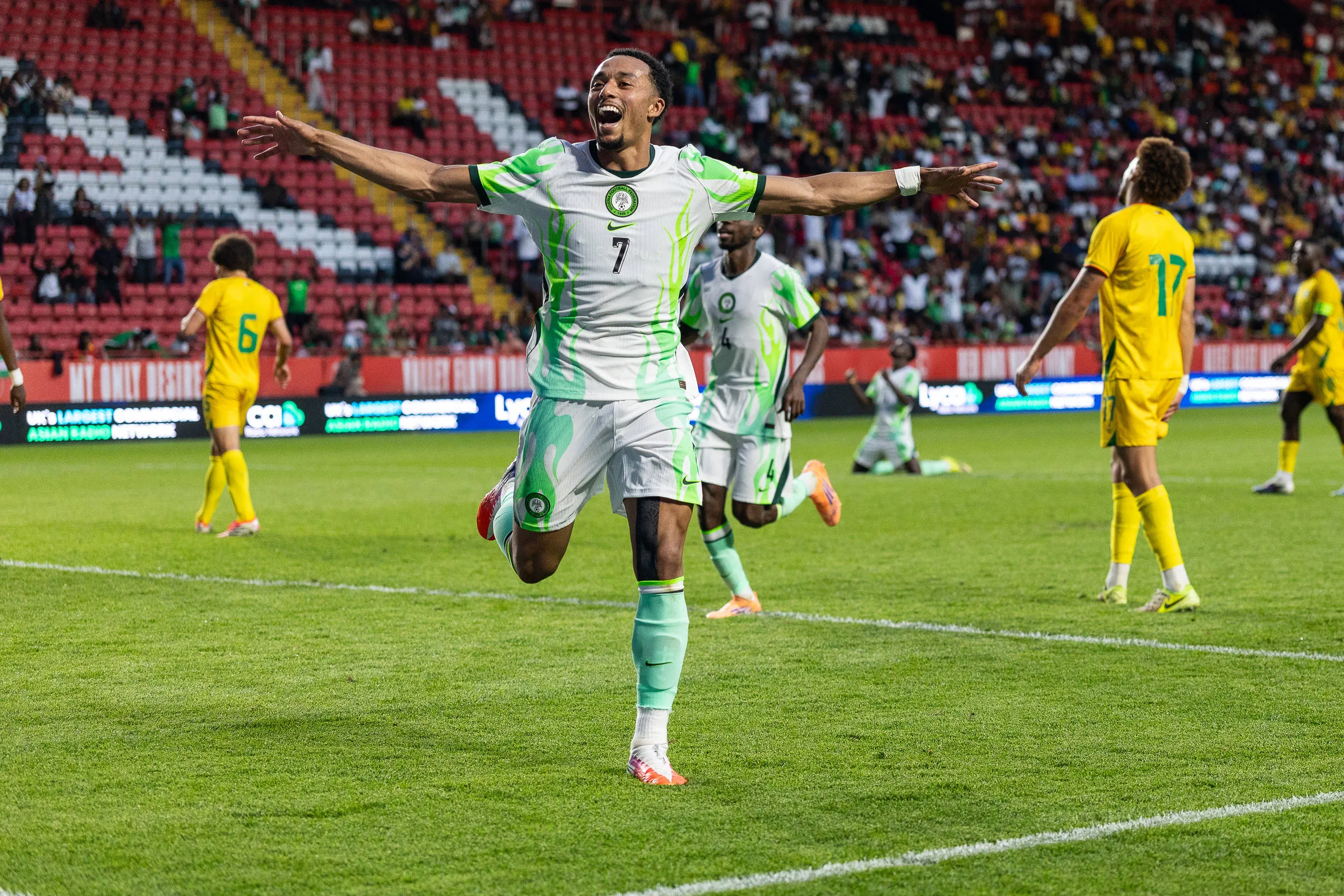 Femi Azeez 7 celebrates after scoring a goal during the Unity Cup London 2026 match between Nigeria and Zimbabwe at The Valley, London, UK on 26 May 2026. 
