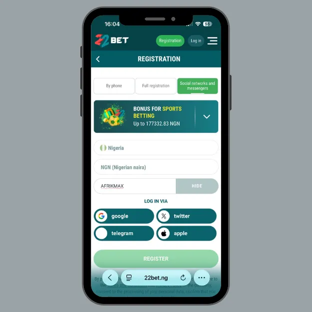 22bet registration social networks