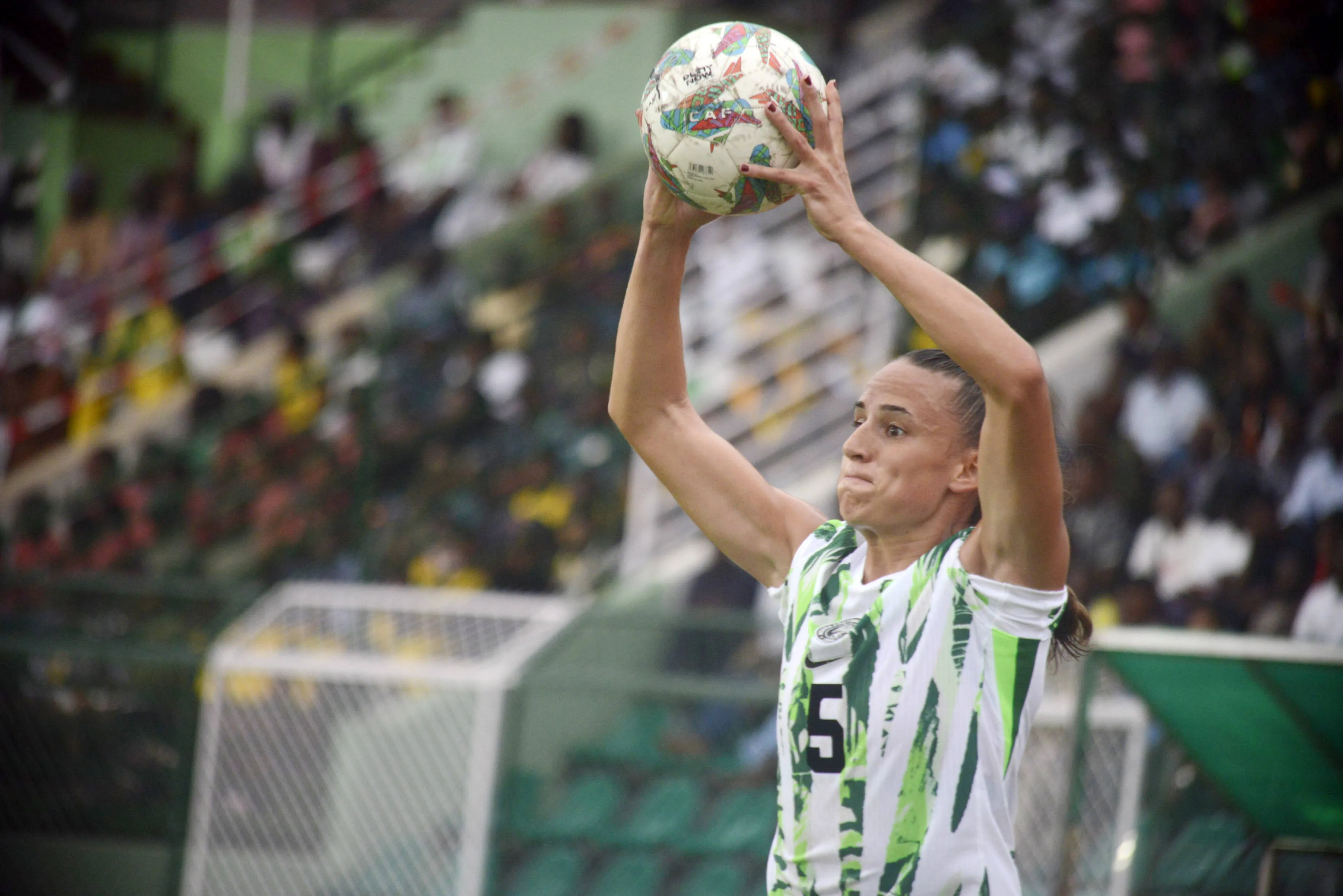 Ashleigh Megan Plumptre, a Falcons player, throws the ball as Nigeria s Super Falcons qualify for the Women Africa Cup of Nations WAFCON 2026 after playing a 1-1 draw 3-1 aggregate with Benin Republic s Amazons in the second leg of the WAFCON 2026 qualifying match at MKO Abiola Sports Arena in Abeokuta, Ogun State