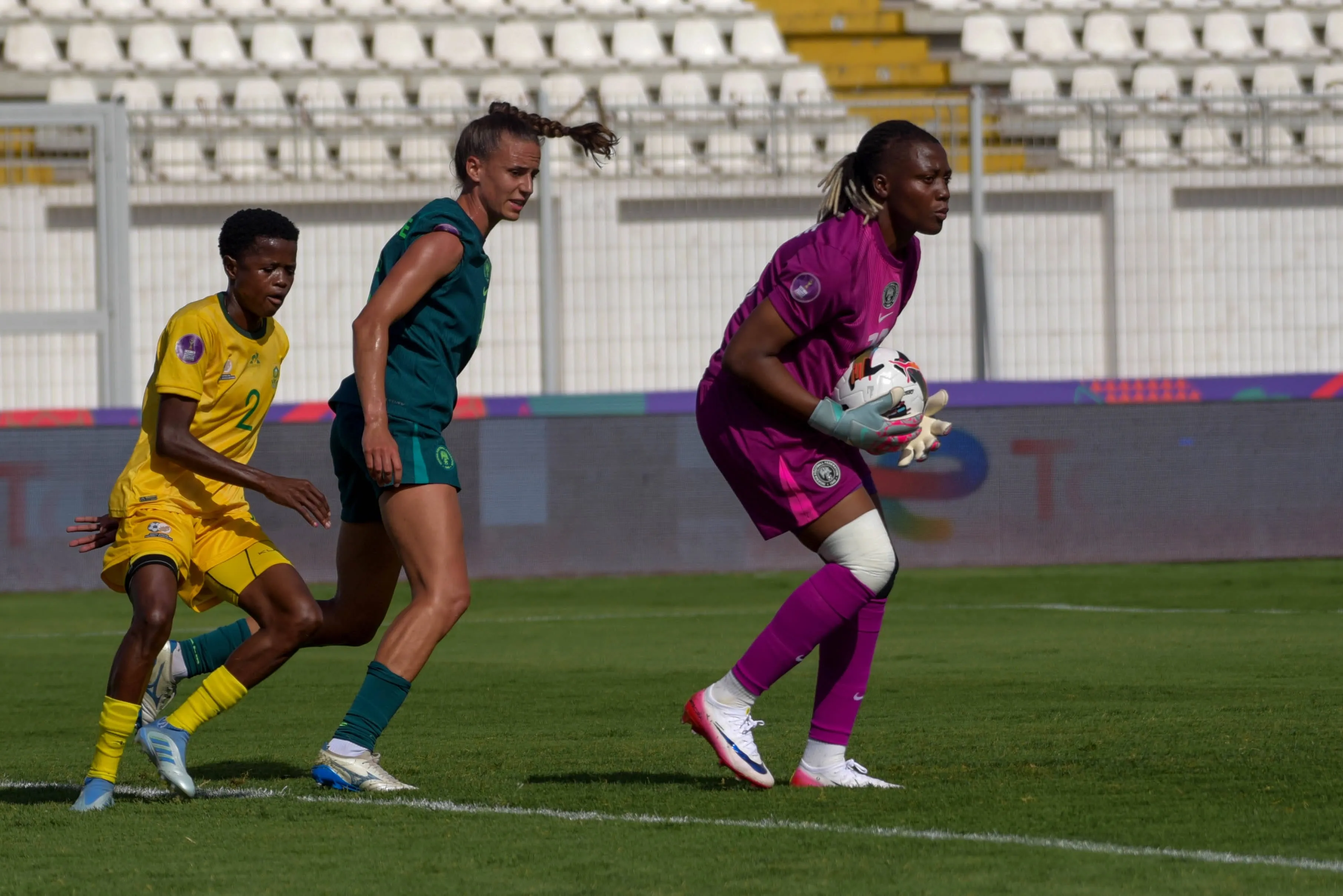 Chiamaka Nnadozie and Ashleigh Plumptre during the 2025 WAFCON Semi Finals match between Nigeria and South Africa