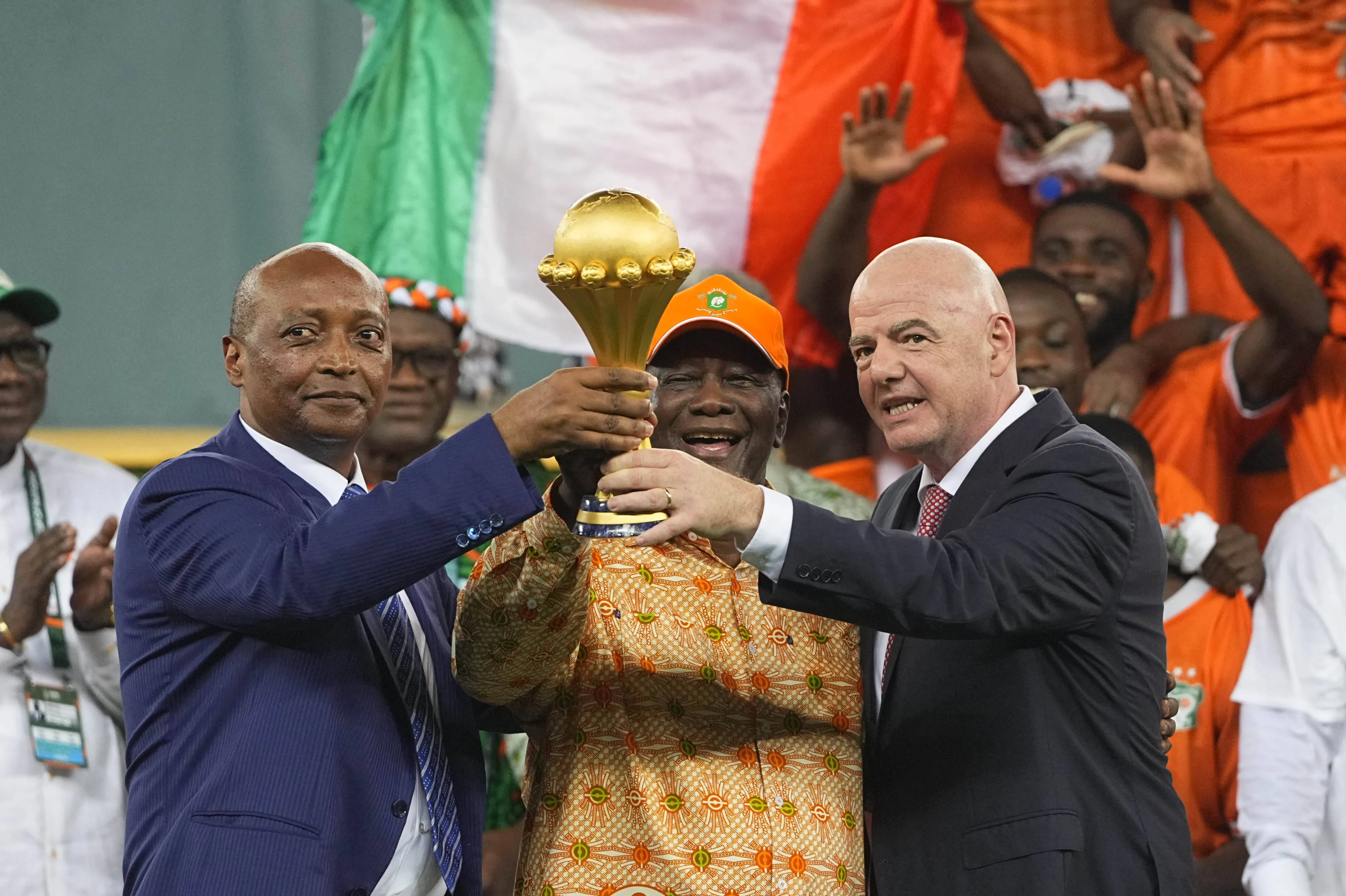 Giovanni Vincenzo Infantino, Alassane Dramane Ouattara and Patrice Motsepe looks on during the AFCON final