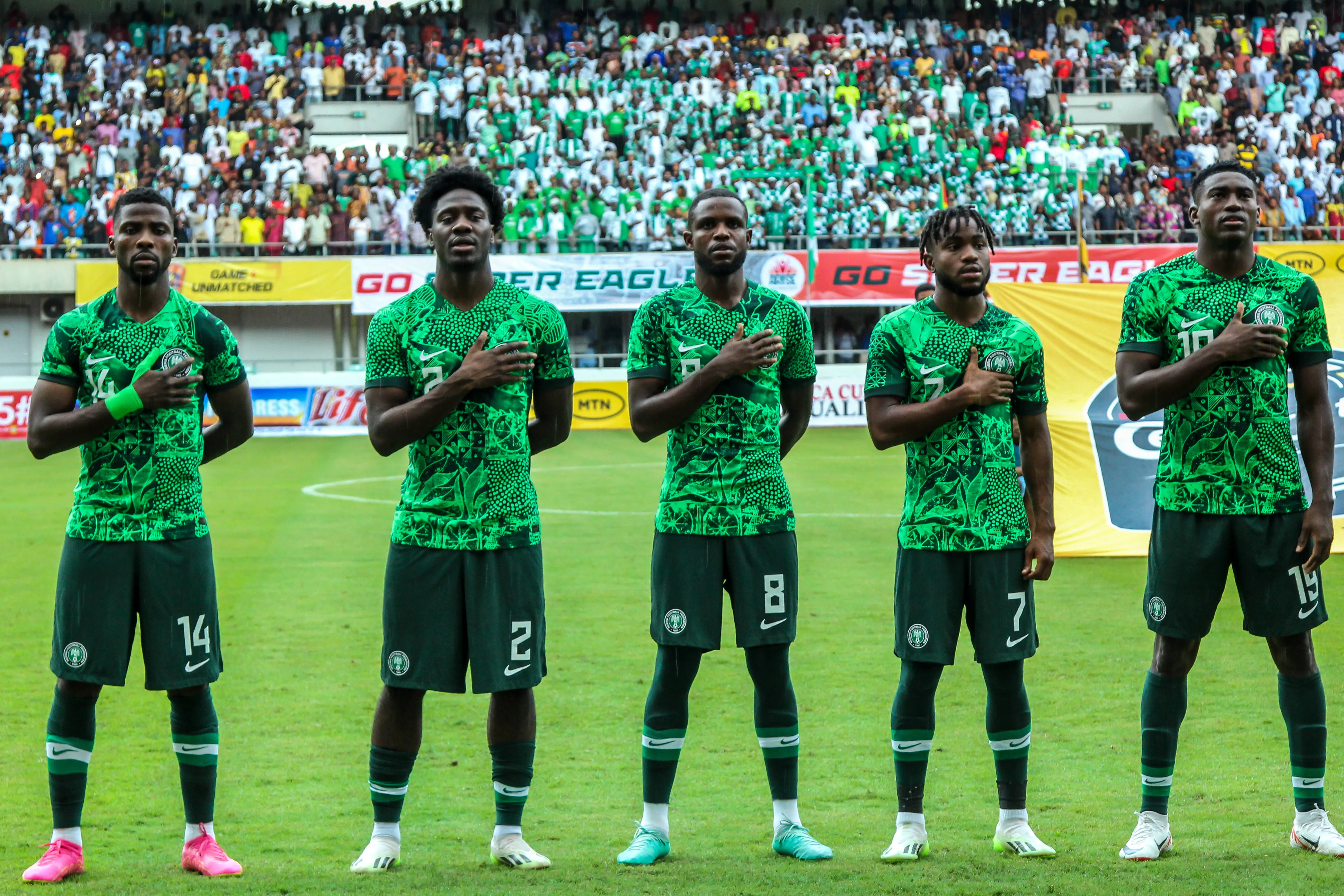 Super Eagles stars Kelechi Iheanacho, Ola Aina Frank Onyeka, Ademola Lukmon and Taiwo Awoniyi of Nigeria