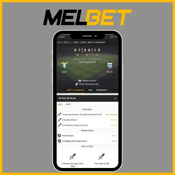MELBET app displaying Lazio vs Como match preview with countdown, style of play strengths and weaknesses, and tactical icons.