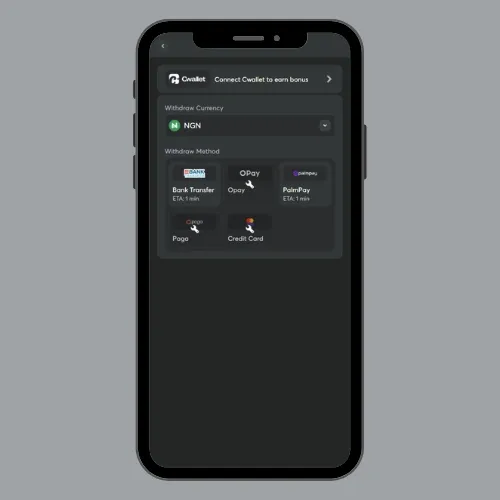 BC.Game withdrawal page with options like OPay, Credit Cards, Paga, and PalmPay.