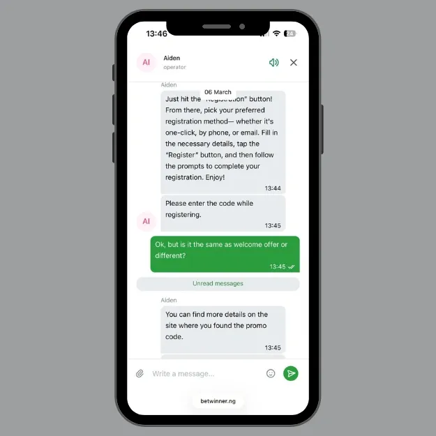 BetWinner Nigeria live chat showing support assisting a user to activate promo code NIGFOOT.