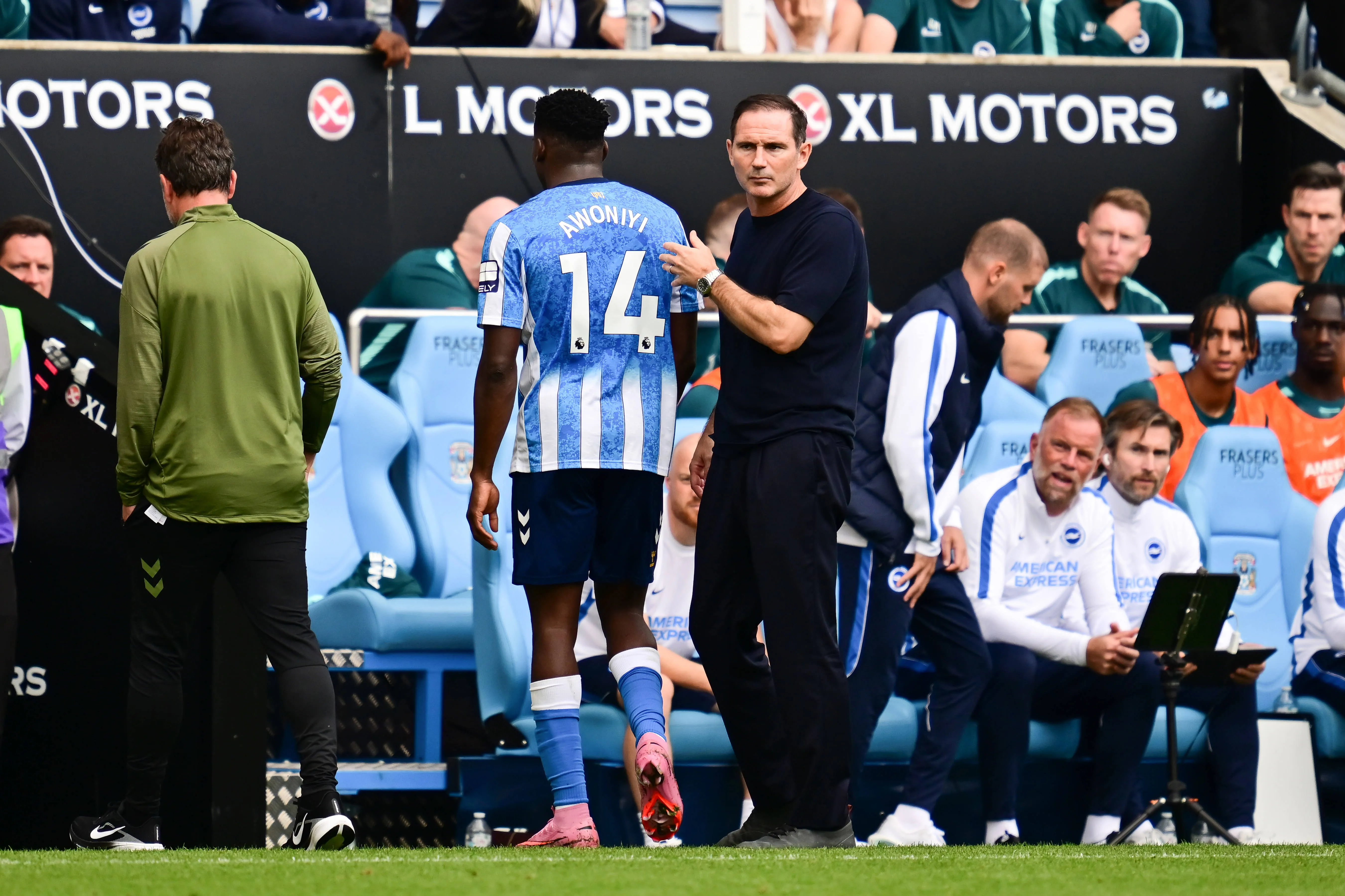 Taiwo Awoniyi shown a red card, gets a pat from Frank Lampard