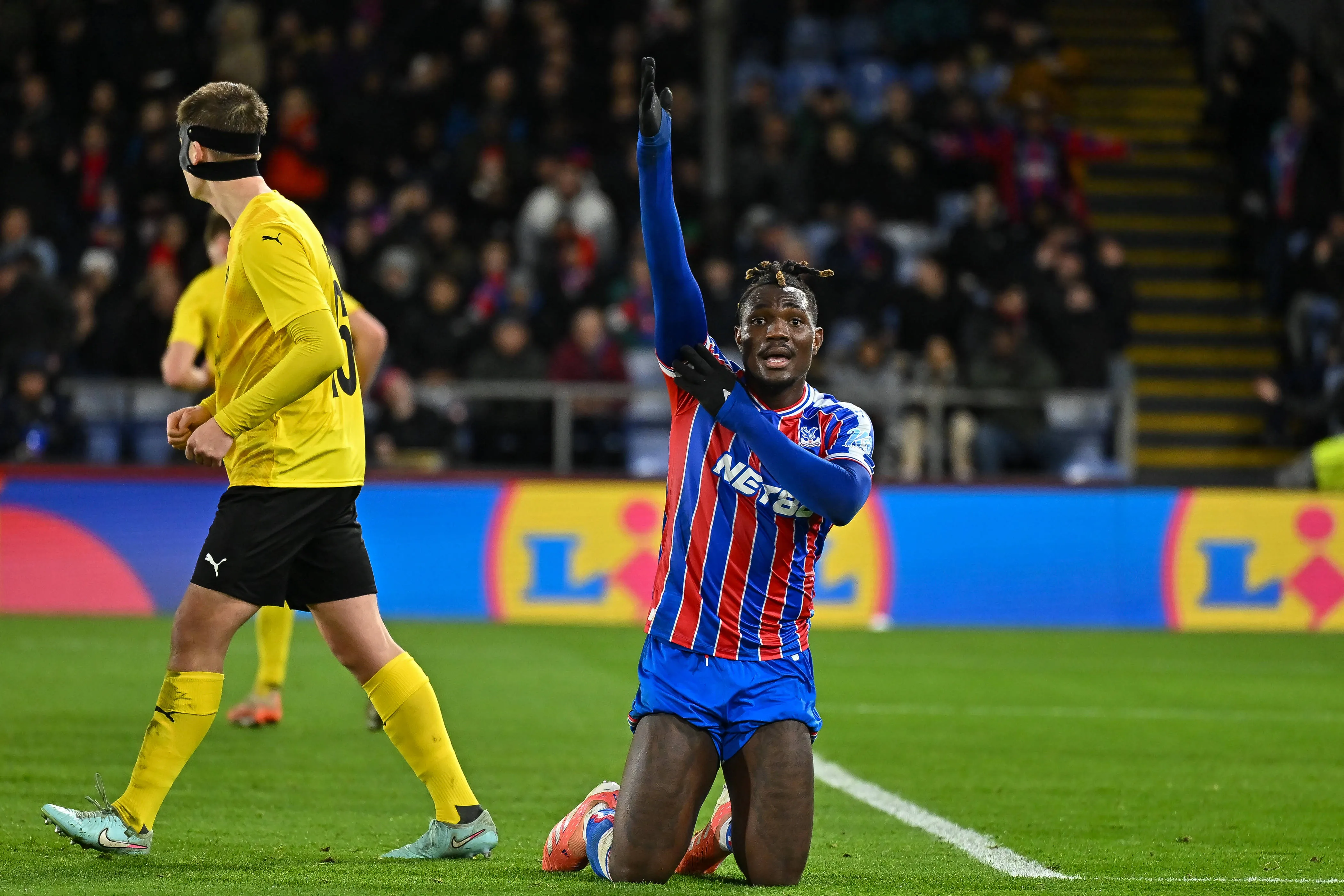 Christantus Uche appeals for a hand ball during the UEFA Conference League 2025/26 League Phase MD6 match between Crystal Palace FC and KuPS Kuopio