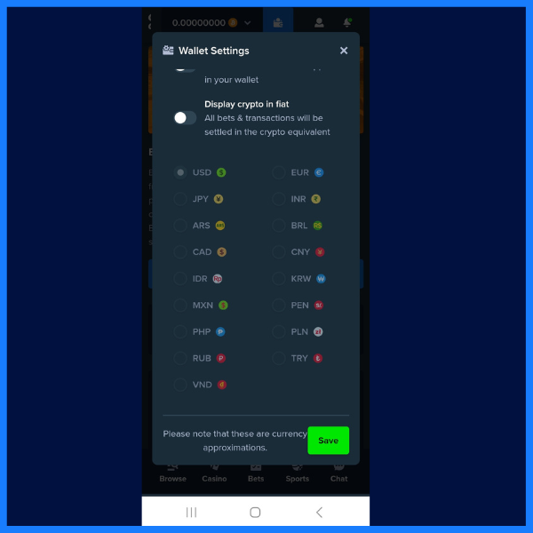 Stake.com wallet settings screen displaying options to toggle between displaying cryptocurrency in fiat currency, with various currency choices such as USD, EUR, JPY, and INR. A “Save” button is visible at the bottom.