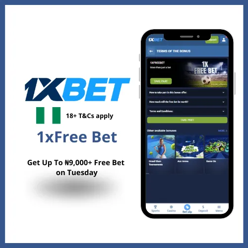 1xBet 1xFree Bet promo with up to ₦9,000+ free bet for players that place correct-score bets. 