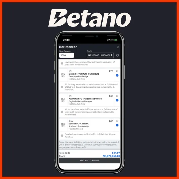 Betano app showing Bet Mentor feature with match tips, odds, and profit estimates for games including Eintracht Frankfurt vs SC Freiburg, Altrincham vs Maidenhead, and Dundee vs Celtic.