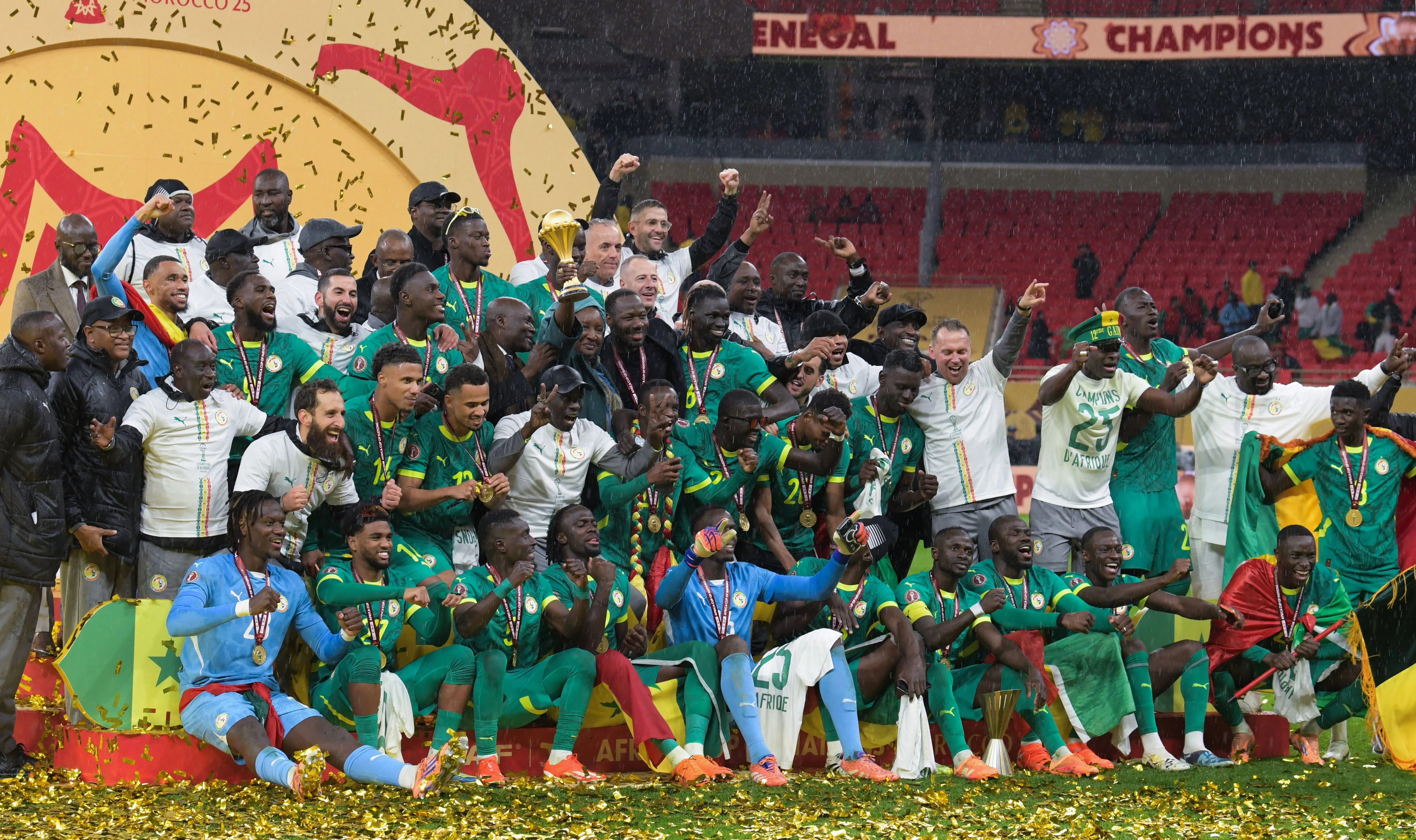 Senegal celebrate with the AFCON 2025 trophy.